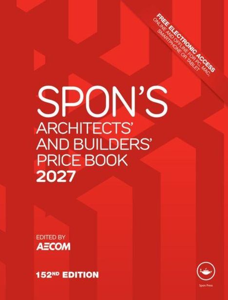 Text: "Spon's Architects' and Builders' Price Book 2027". "Free electronic access". Dominant rote Farbgestaltung mit geometrischem Muster. 
