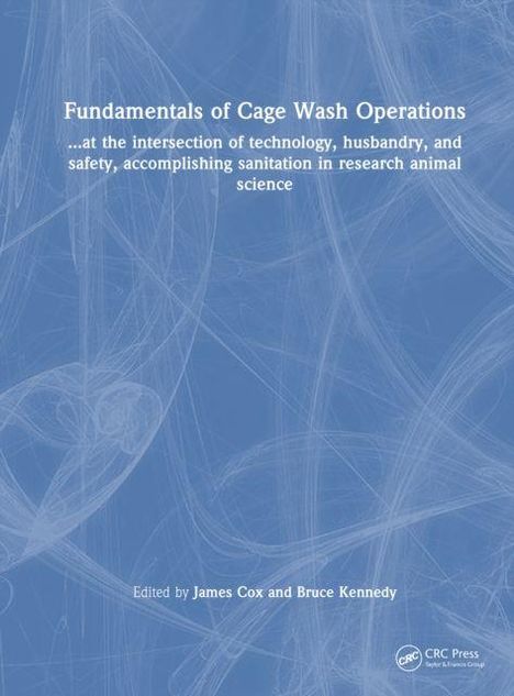 "Fundamentals of Cage Wash Operations" steht in Weiß auf einem blauen Hintergrund mit abstrakten weißen Linien.