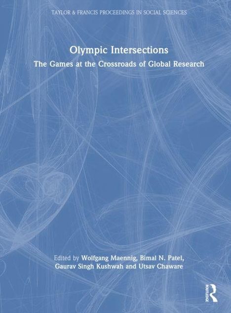 "Olympic Intersections: The Games at the Crossroads of Global Research" blauer Hintergrund mit abstrakten Linien.
