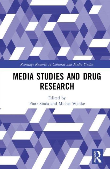 "Media Studies and Drug Research", herausgegeben von Piotr Siuda und Michał Wanke. Geometrisches Muster aus Lila-Tönen.