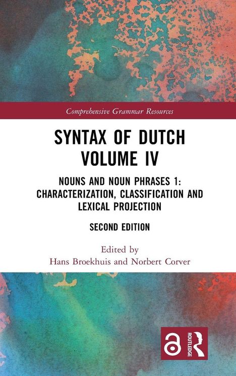 "Syntax of Dutch Volume IV" wird von einer farbenfrohen, abstrakten Illustration umrahmt. Links unten ist ein Logo.