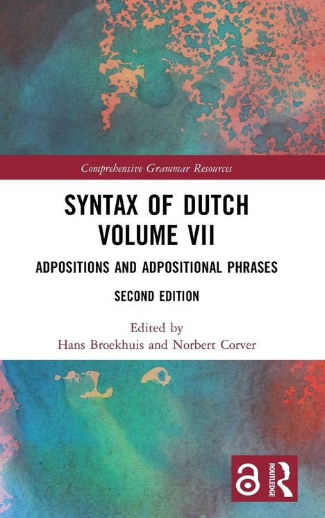 "Syntax of Dutch Volume VII" mit maritimer Hintergrundillustration in Blau- und Orangetönen, Routledge-Logo unten.