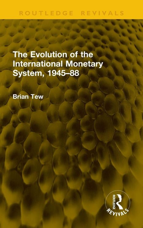 Text: "The Evolution of the International Monetary System, 1945–88" von Brian Tew. Gelbe, strukturierte abstrakte Oberfläche.