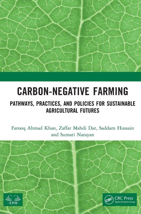 Text: "CARBON-NEGATIVE FARMING: PATHWAYS, PRACTICES, AND POLICIES FOR SUSTAINABLE AGRICULTURAL FUTURES." 
Hintergrund: Blattstruktur.