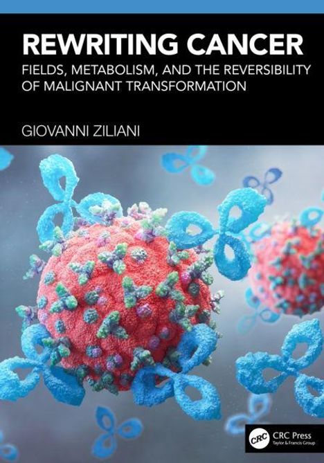 "REWRITING CANCER" von Giovanni Ziliani. Visualisierung von Zellen mit blauen, floralen Strukturen.
