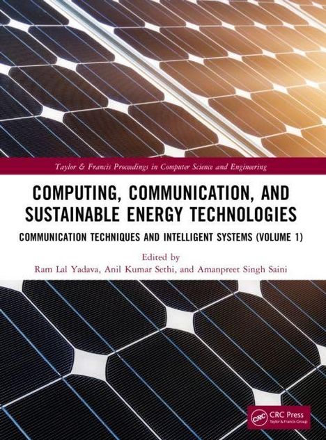 Titel: "Computing, Communication, and Sustainable Energy Technologies". Solarpanel-Hintergrund und CRC Press Logo.