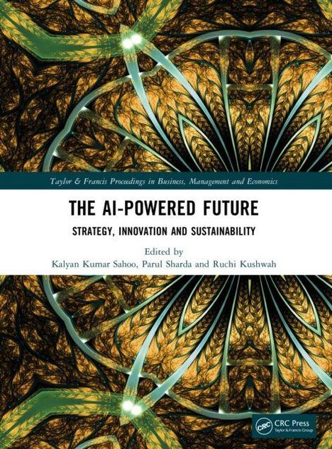 Text: The AI-Powered Future, Strategy, Innovation and Sustainability. Abstrakte, symmetrische Muster in Grün- und Gelbtönen.