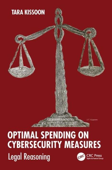 „Optimal Spending on Cybersecurity Measures: Legal Reasoning“. Illustration von Waage der Gerechtigkeit auf rotem Hintergrund.