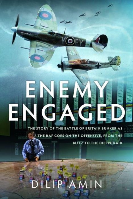 "ENEMY ENGAGED" in großer Schrift. Historische Kampfflugzeuge im Flug, darunter ein Offizier über einer Karte.