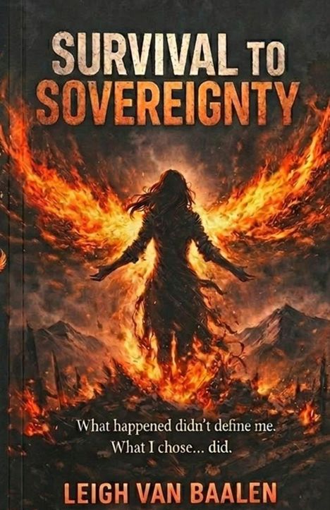 Text: "SURVIVAL TO SOVEREIGNTY", "What happened didn’t define me. What I chose… did.", "LEIGH VAN BAALEN". Illustration: Figur mit Flammenflügeln.