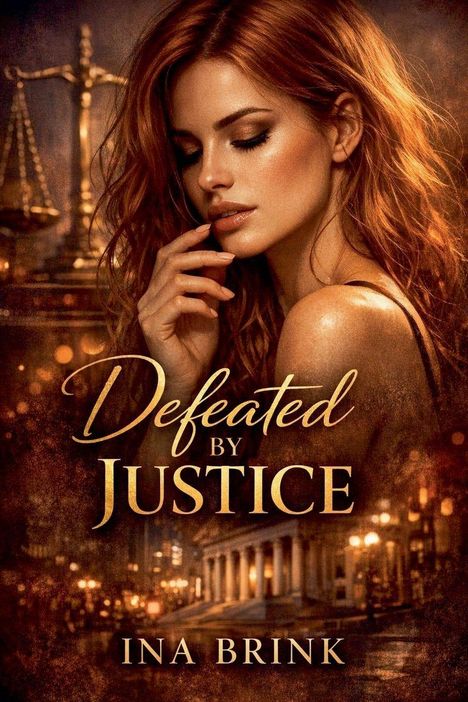 „Defeated by Justice“ oben, „Ina Brink“ unten. Eine Frau mit roten Haaren, Nachdenken, Waage im Hintergrund.