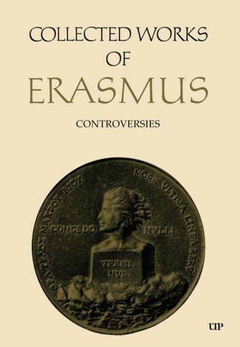 Text: "Collected Works of Erasmus: Controversies". 
Eine antike Münze mit einem Porträt im Profil.