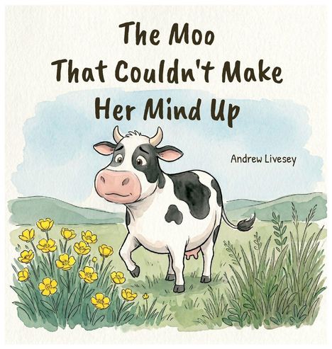 Text: "The Moo That Couldn't Make Her Mind Up" und "Andrew Livesey". Illustration einer unschlüssigen Kuh auf einer Wiese.