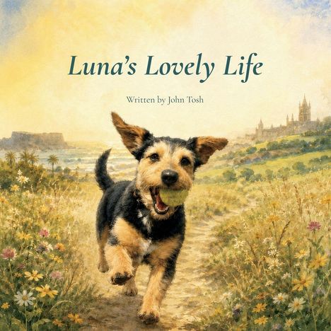 "Luna's Lovely Life" und "Written by John Tosh." Ein fröhlicher Hund mit Ball im Maul, rennt durch eine blühende Wiese.