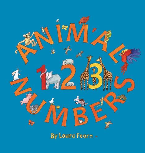 "ANIMAL NUMBERS" steht in großen, bunten Buchstaben. Es gibt Zahlen eins bis drei mit Tieren, z.B. Giraffen und Papagei.