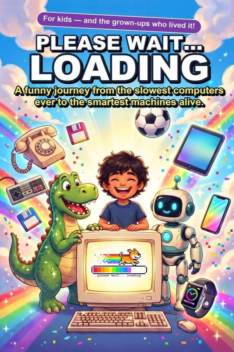 Titel: "PLEASE WAIT... LOADING". 
Ein Kind, ein Dinosaurier und ein Roboter stehen um einen alten Computer. Bunte Technik und Regenbogen.