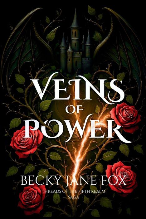 "VEINS OF POWER. BECKY JANE FOX. THREADS OF THE FIFTH REALM SAGA. Dunkler Hintergrund, rote Rosen, Flügel, Schloss."