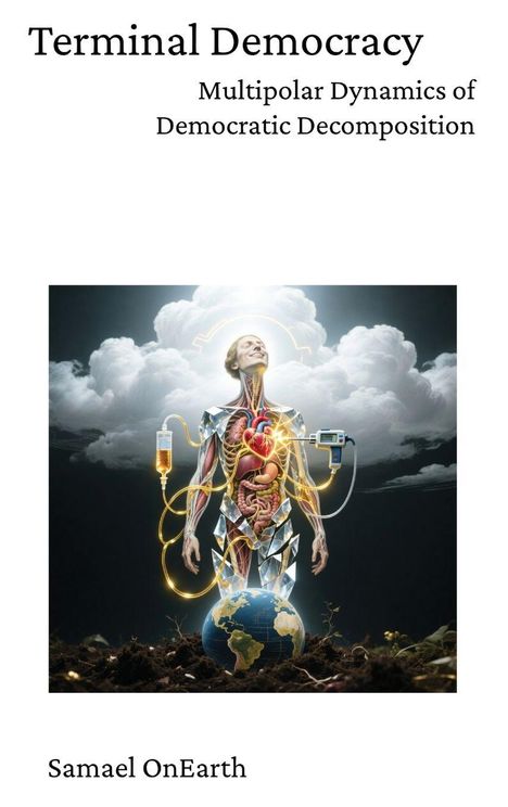 Text: "Terminal Democracy: Multipolar Dynamics of Democratic Decomposition." Unten: "Samael OnEarth." Illustration: Mensch mit offenen Organen auf Erdkugel.