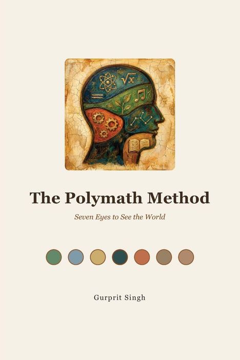 "The Polymath Method: Seven Eyes to See the World" unter einem kunstvollen Kopf mit Symbolen wie Atomen und Noten.