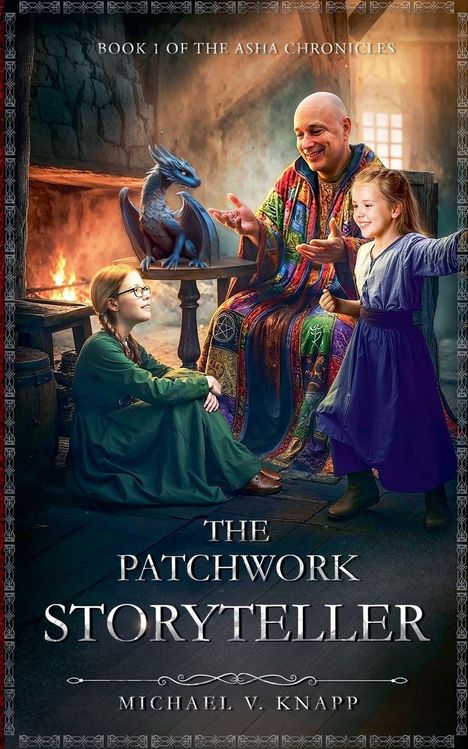 "Book 1 of the Ashia Chronicles. The Patchwork Storyteller. Michael V. Knapp." Ein Mann erzählt zwei Kindern eine Geschichte.