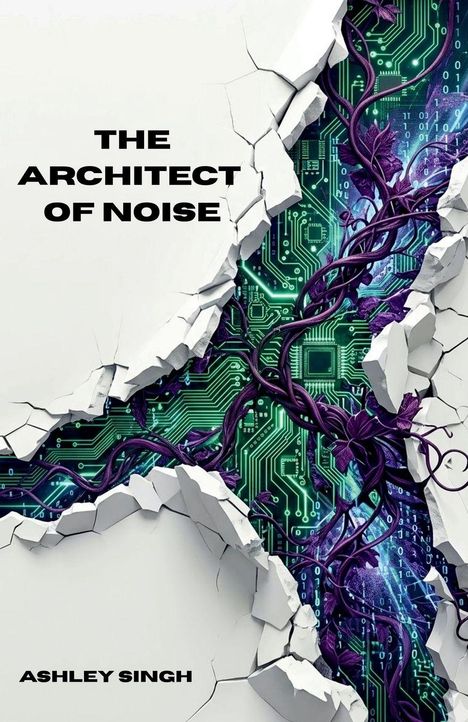 "The Architect of Noise" und "Ashley Singh" in schwarzer Schrift. Risse enthüllen grüne Schaltkreise und lilafarbene Ranken.