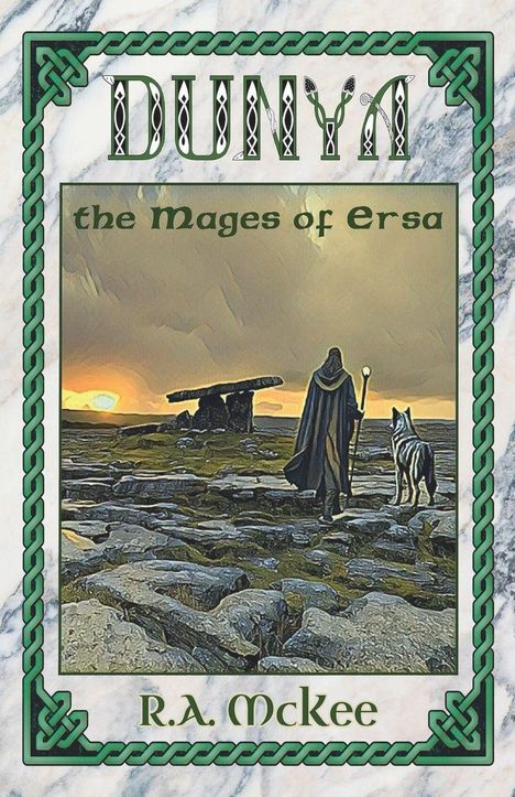 "DUNYA" und "The Mages of Ersa" stehen über einem Mann mit Stab und Hund vor einer Steinformation bei Sonnenuntergang.