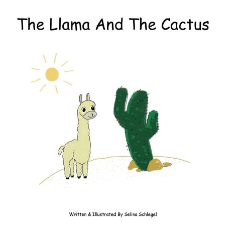 "The Llama And The Cactus." Illustration: Ein Lama und ein Kaktus in einer Wüstenlandschaft, die Sonne scheint.