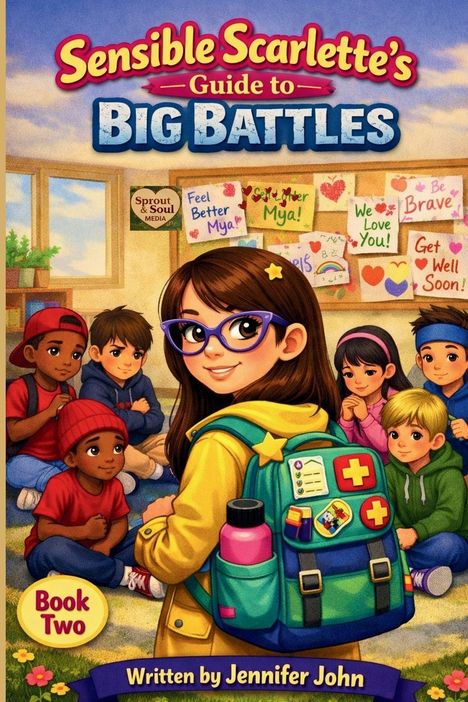 Titel: "Sensible Scarlette's Guide to Big Battles". Kinder in einem Klassenzimmer, ein Mädchen mit Brille im Vordergrund.