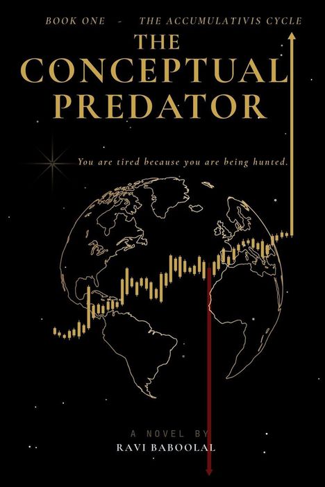 Buchcover mit Titel "The Conceptual Predator", Diagramm einer Weltkarte und Aktienkurve, Pfeil nach oben, dekorative Sterne.