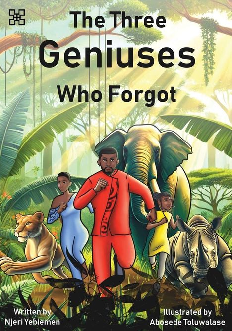 "The Three Geniuses Who Forgot" steht über einer Illustration mit Menschen und Tieren in einem dichten Dschungel.