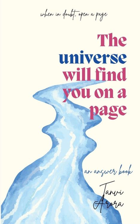 Der Text lautet: "The universe will find you on a page." Eine blaue, abstrakte Wellenform dominiert die Illustration.