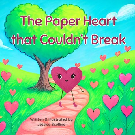"The Paper Heart that Couldn't Break". Eine Illustration mit einem fröhlichen Herz auf einem Weg in einer Herzlandschaft.