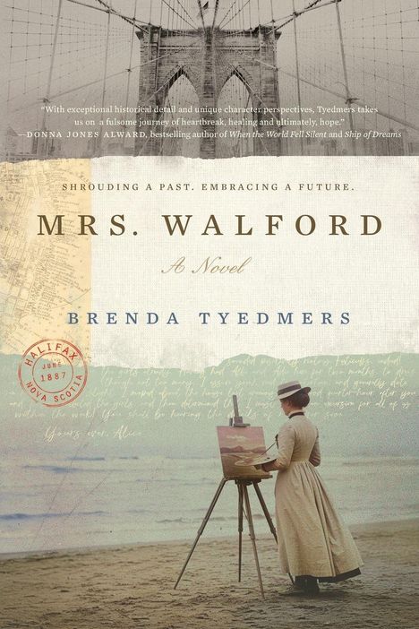 „MRS. WALFORD. A Novel. BRENDA TYEDMERS.“ Frau malt am Strand auf einer Leinwand, Brooklyn-Brücke oben.