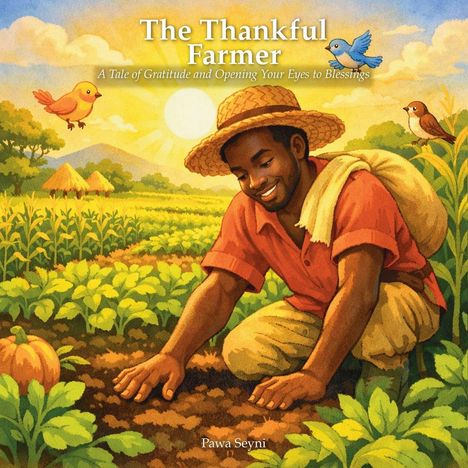 "The Thankful Farmer" oben, "A Tale of Gratitude and Opening Your Eyes to Blessings" darunter. Fröhlicher Bauer im Feld.