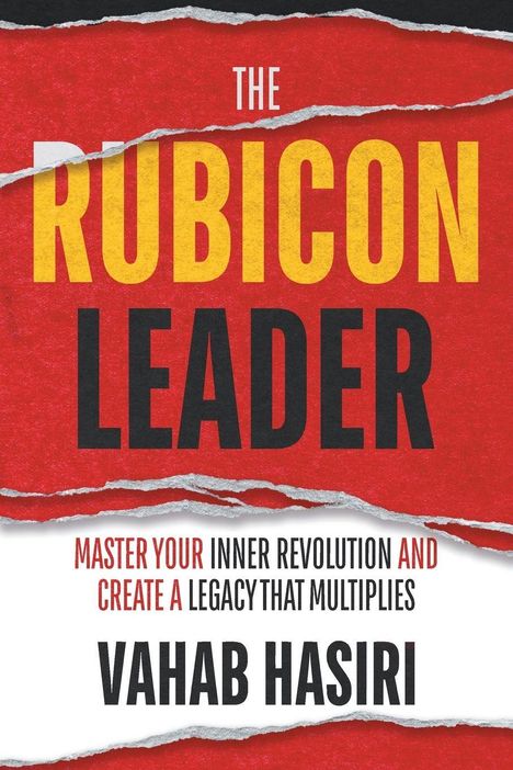 "The Rubicon Leader" von Vahab Hasiri. Roter Hintergrund mit zerrissenem Papier-Design.