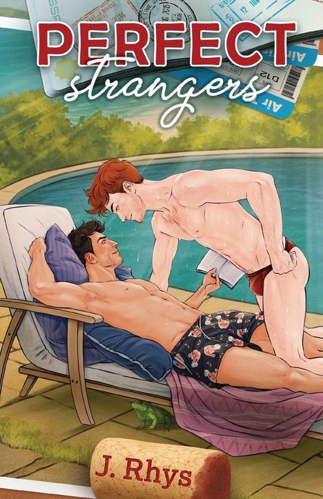„Perfect Strangers“ in großen Buchstaben. Zwei Männer in Badekleidung am Pool, eine entspannte Sommeratmosphäre.
