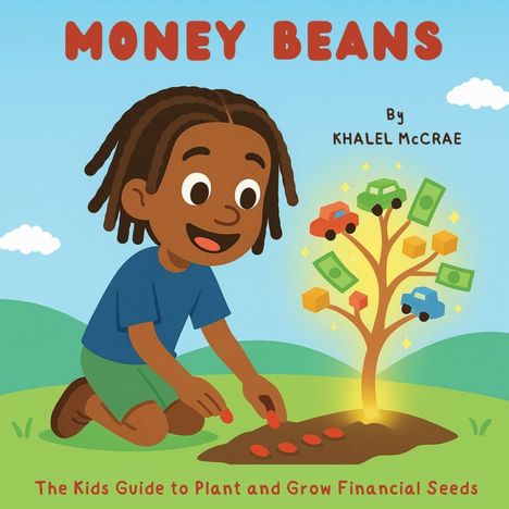 „MONEY BEANS. The Kids Guide to Plant and Grow Financial Seeds“ von Khalel McCrae. Illustration eines Kindes, das Samen pflanzt.