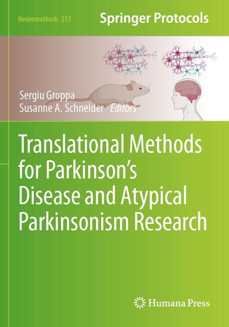 Titel: "Translational Methods for Parkinson’s Disease and Atypical Parkinsonism Research". Illustration von Maus und Gehirn.