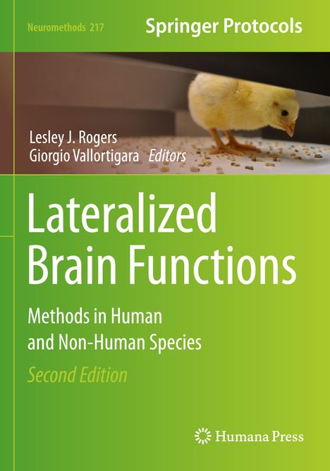 "Lateralized Brain Functions" steht auf grünem Hintergrund. Ein Küken pickt auf einem Tisch.