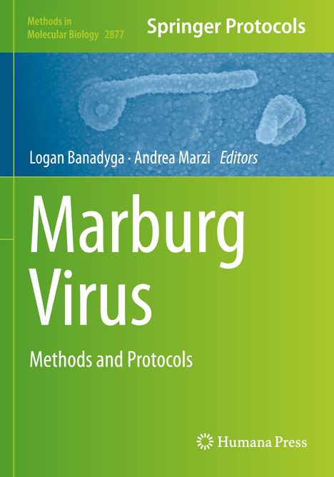 "Marburg Virus: Methods and Protocols" in Weiß auf grünem Hintergrund, Virenabbildung oben.