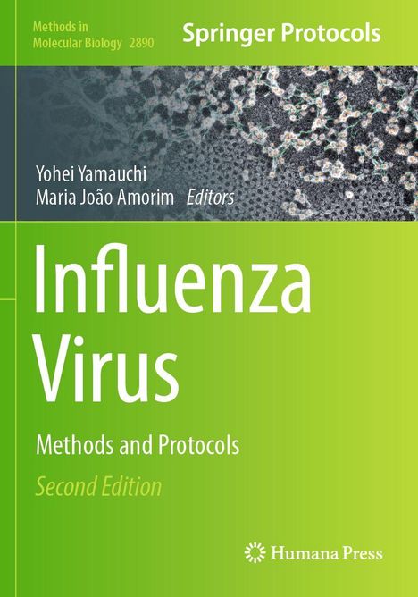 "Influenza Virus: Methods and Protocols, Second Edition" steht auf einem grünen Hintergrund mit einem wissenschaftlichen Foto.