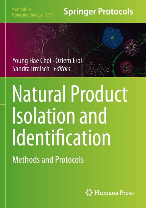 „Natural Product Isolation and Identification“. Grüner Hintergrund mit schematischen Pflanzen.
