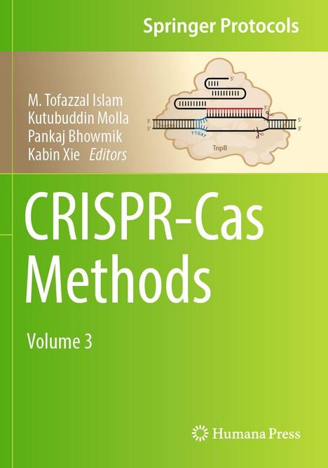 „Springer Protocols“, „CRISPR-Cas Methods“, „Volume 3“, darunter vier Herausgeber. Grünes Cover mit biologischer Illustration.
