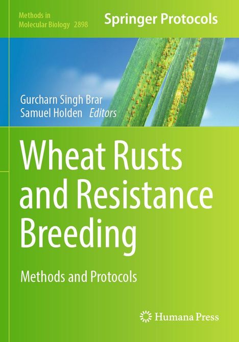 "Wheat Rusts and Resistance Breeding" ist in Weiß auf grünem Hintergrund. Oben "Springer Protocols". Grashalm-Foto daneben.