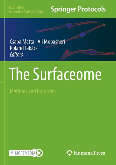 "The Surfaceome: Methods and Protocols". Grüner Hintergrund, wissenschaftliches Design mit blauen, zellenartigen Illustrationen.