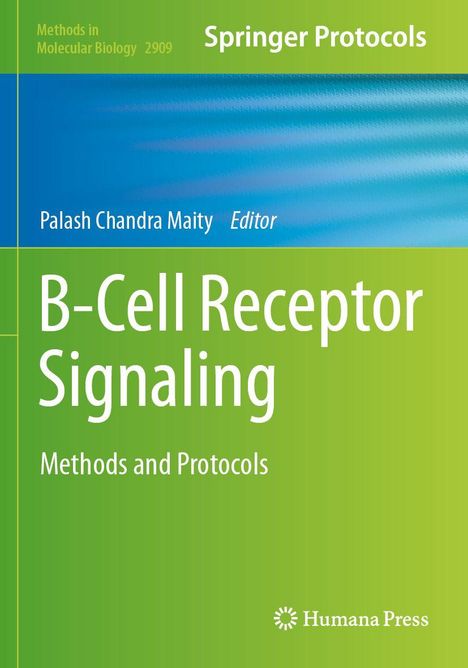 "B-Cell Receptor Signaling: Methods and Protocols." Oben: "Springer Protocols." Grüner Hintergrund, Humana Press-Logo.