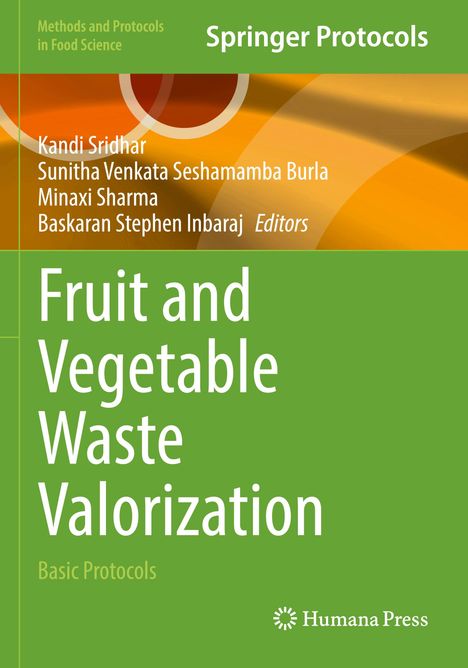 "Fruit and Vegetable Waste Valorization" steht groß auf grünem Hintergrund. Unten rechts ist das Humana Press Logo.