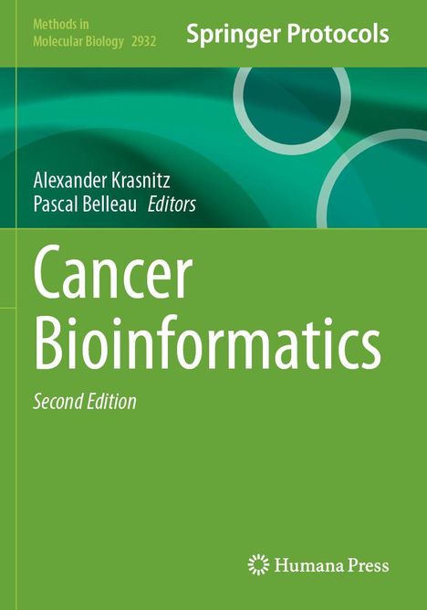 Text: "Cancer Bioinformatics, Second Edition." Oberhalb davon stehen die Namen der Editoren. Grüner Hintergrund mit Mustern.