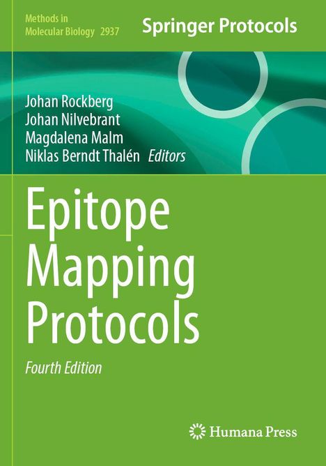 „Epitope Mapping Protocols, Fourth Edition“ in Weiß auf grünem Hintergrund, darunter „Humana Press“-Logo.