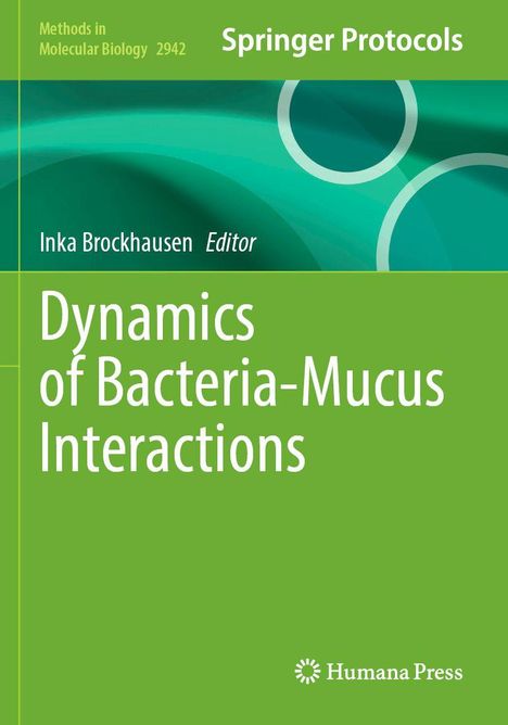 Grünes Buchcover: „Dynamics of Bacteria-Mucus Interactions“, Hrsg. Inka Brockhausen. Logo von Humana Press.
